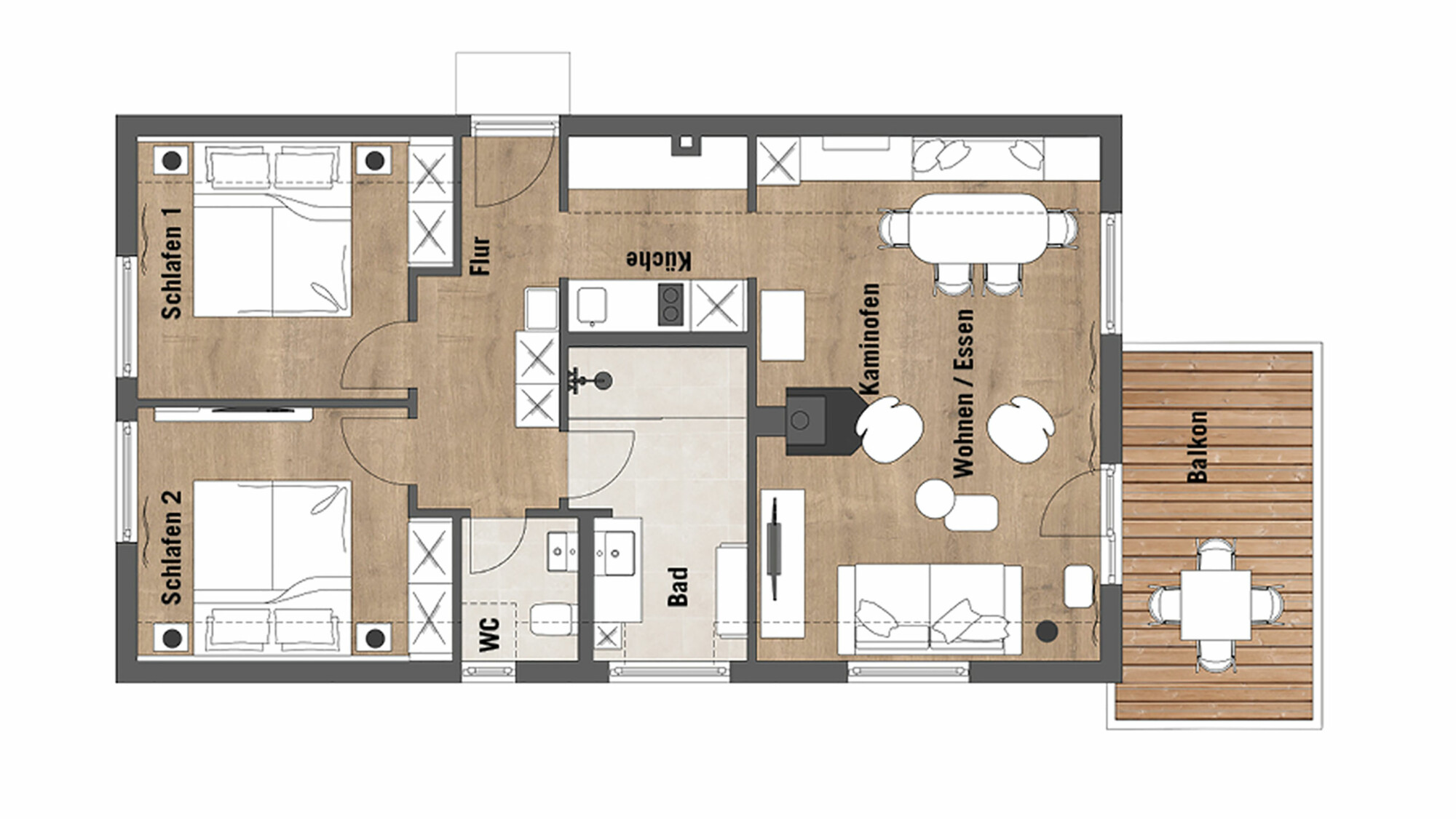 Grundriss einer drei Zimmer Ferienwohnung mit Balkon am Fleesensee