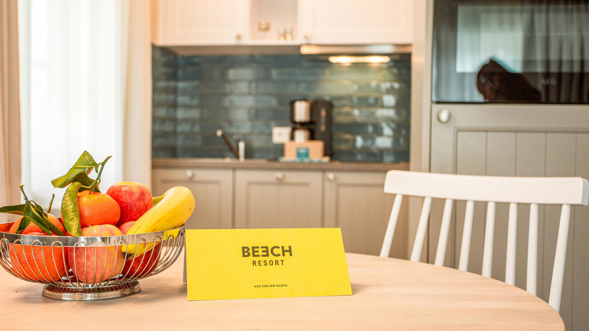 Stilvoll eingerichteter Wohnbereich der BEECH Ferienwohnung am Fleesensee
