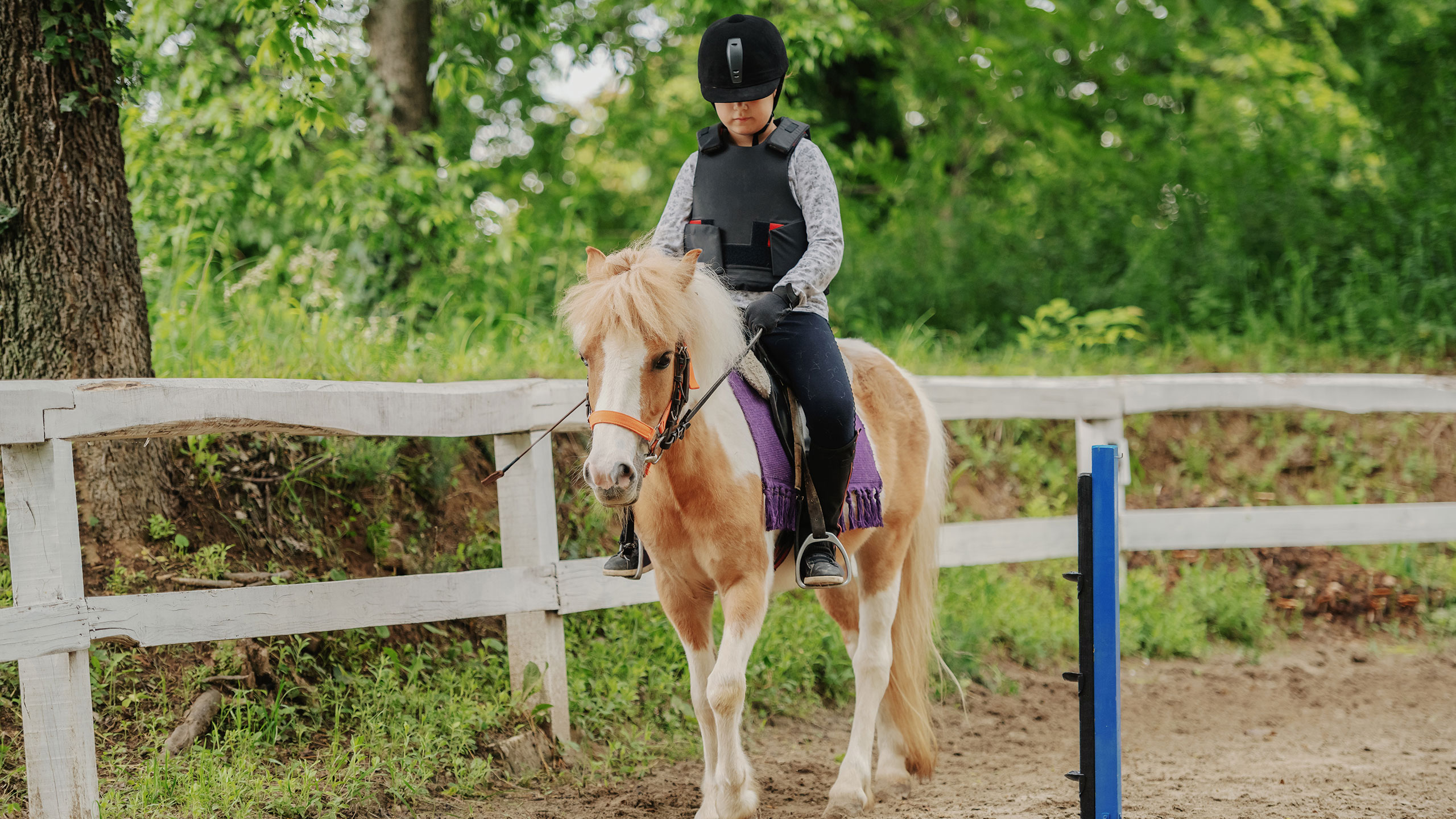 Kleines Mädchen reitet auf einem gescheckten Pony als Aktivität im Urlaub am Fleesensee