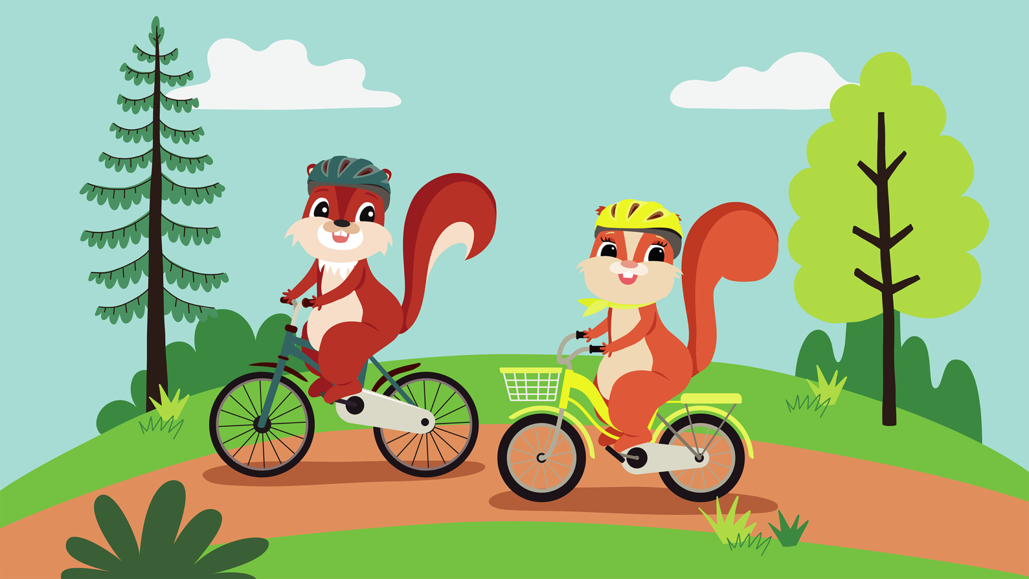 Eichhörnchen Maskottcen Eddi und Ewi auf dem Fahrrad im Urlaub an der mecklenburgischen Seenplatte