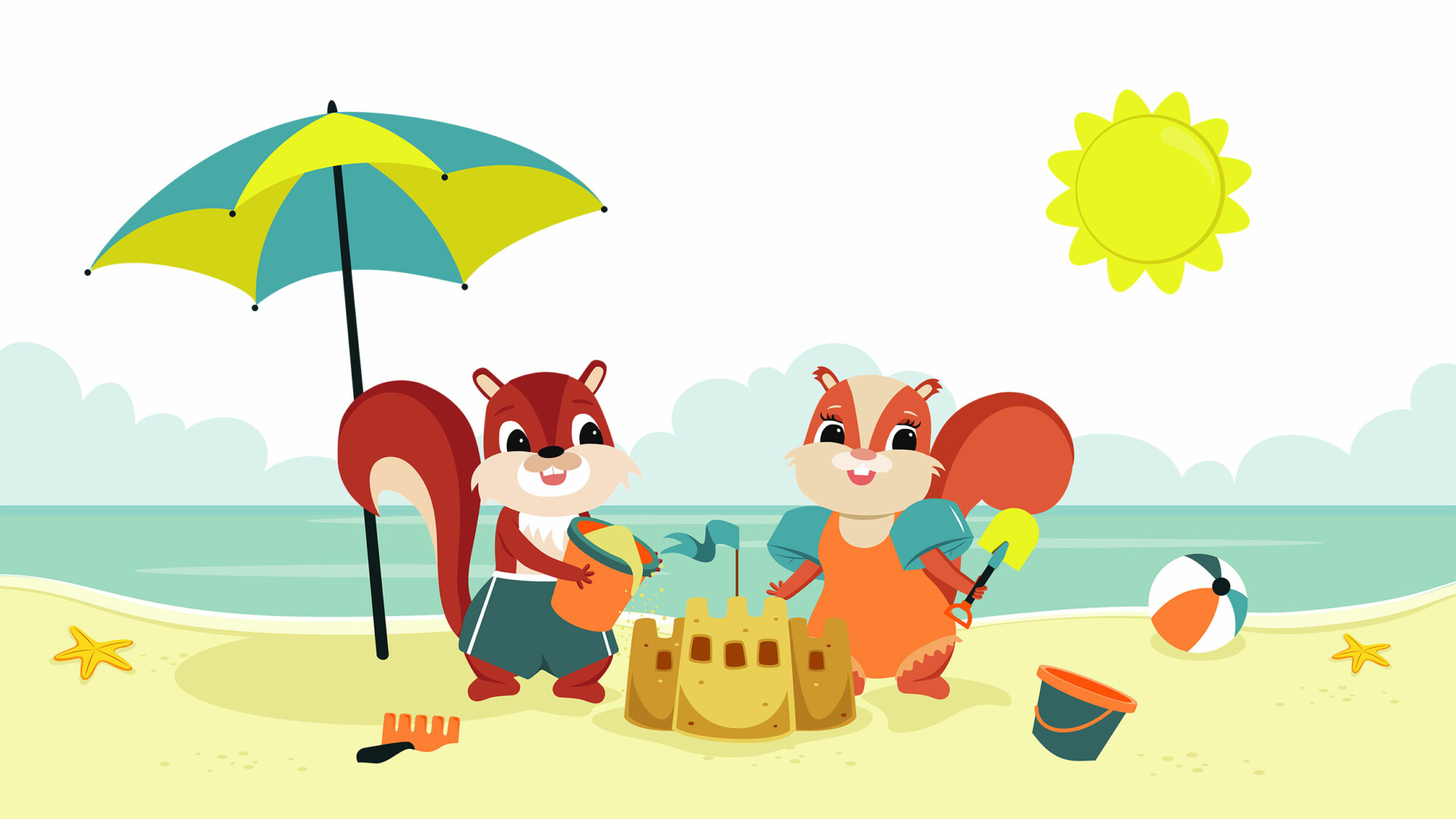 Eichhörnchen Fleesensee Maskottchen Eddi und Ewi am Strand beim Sandburgen bauen