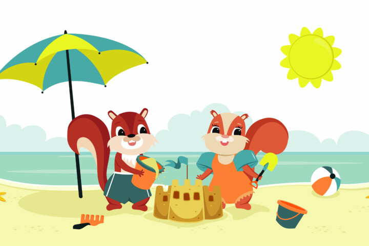 Eichhörnchen Fleesensee Maskottchen Eddi und Ewi am Strand beim Sandburgen bauen