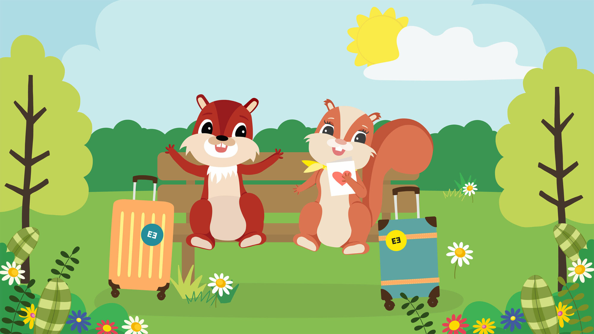 Illustration von Eichhörnchen Maskottchen Eddi, der Ewi einen Urlaubsgutschein schenkt