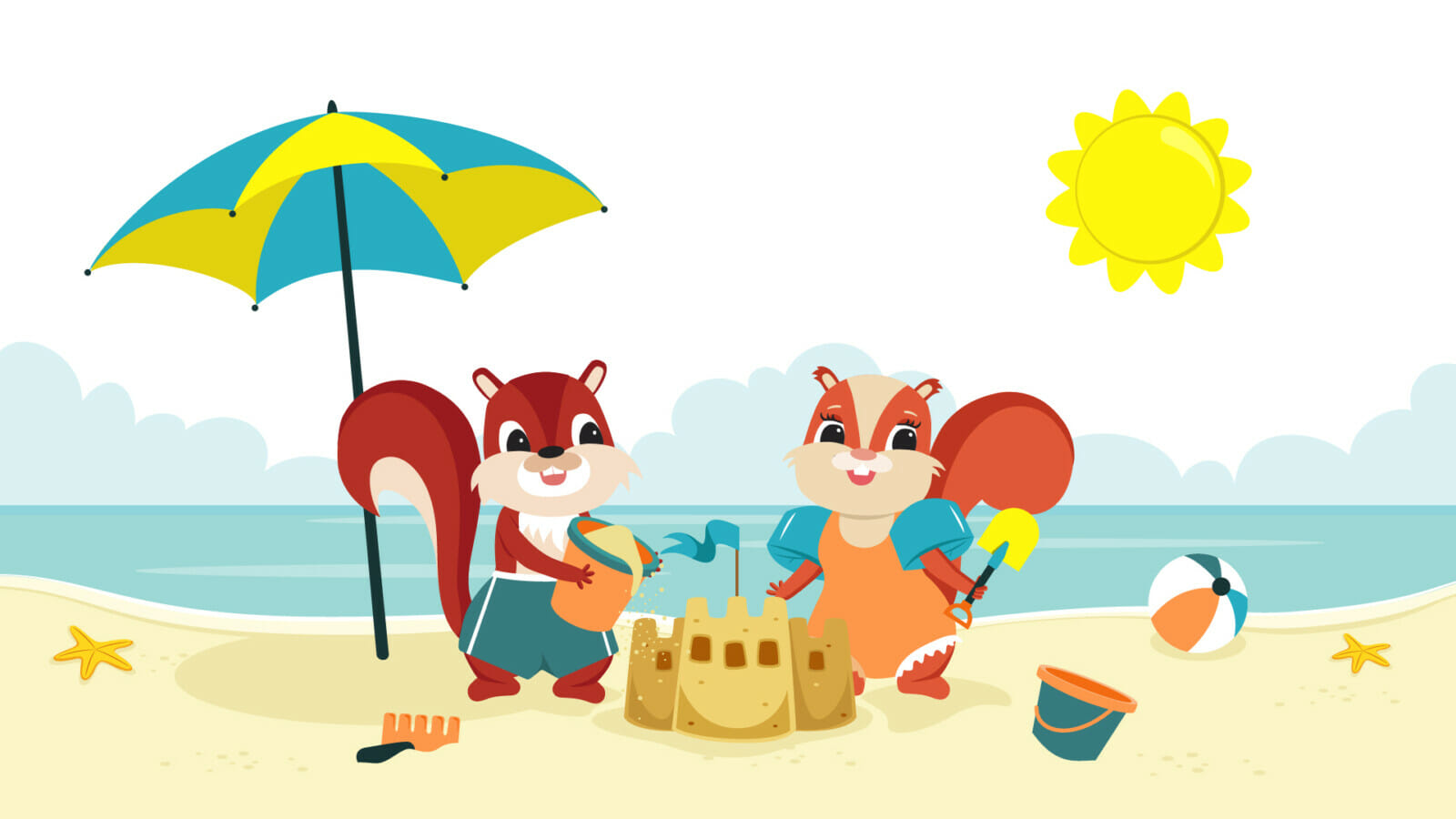 Eddi und Ewi bauen Sandburgen am Strand im Urlaub an der mecklenburgischen Seenplatte