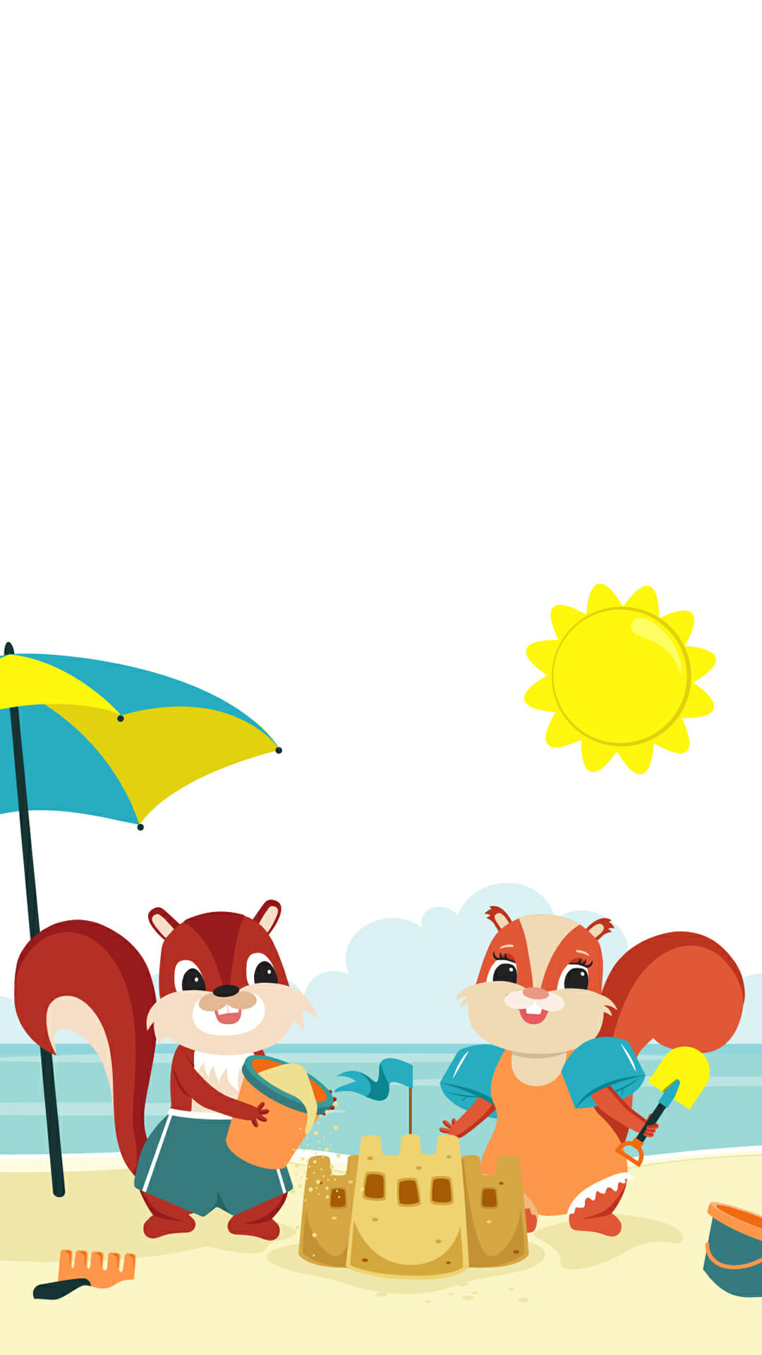 Eichhörnchen Fleesensee Maskottchen Eddi und Ewi am Strand beim Sandburgen bauen