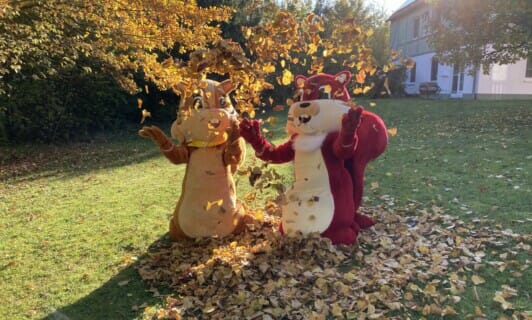 Maskottchen Eddi und Ewi spielen im Herbstlaub