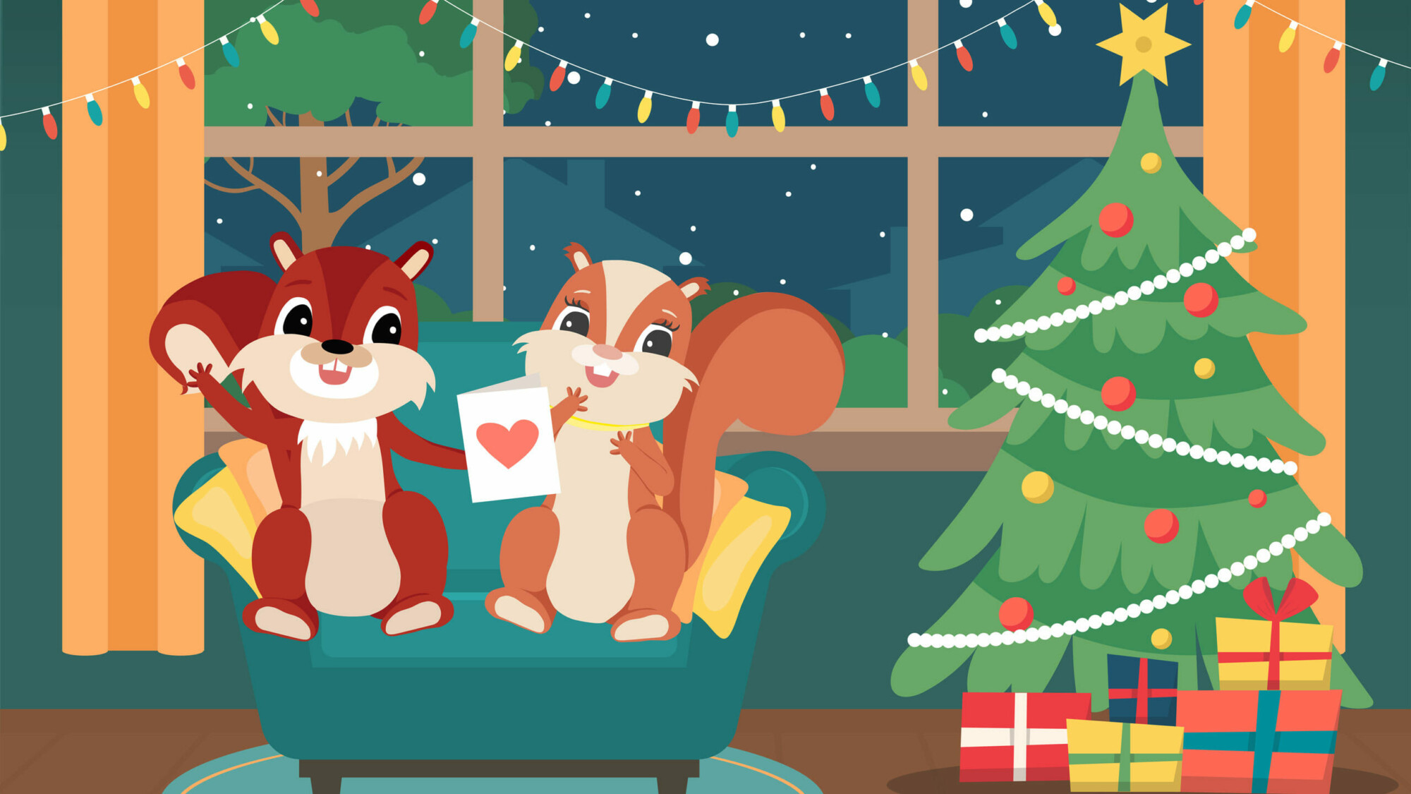 Maskottchen Eddi gibt Ewi einen Liebesbrief neben dem Tannenbaum