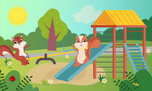 Maskottchen Ewi und Eddi auf dem Spielplatz am Fleesensee