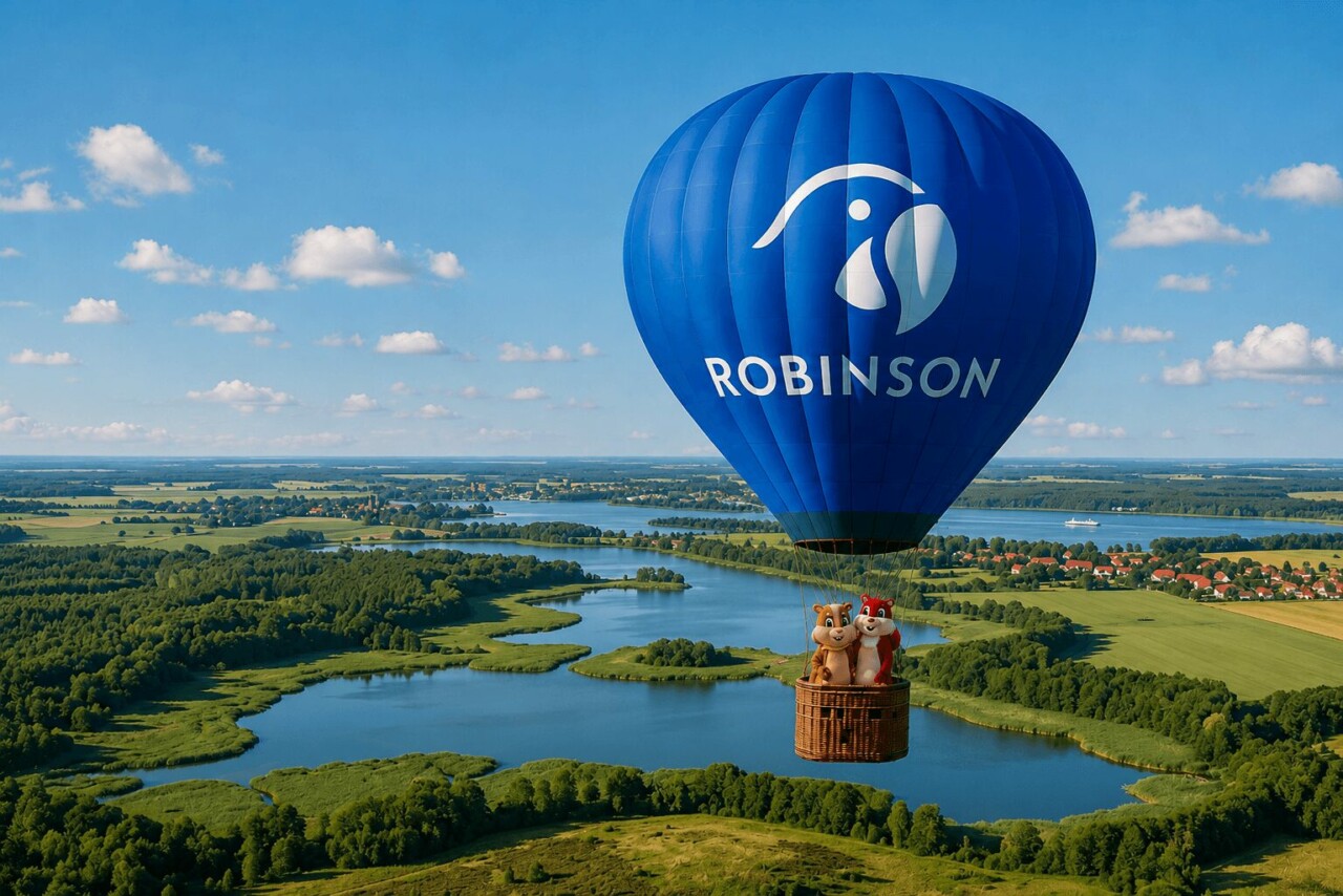 Ein Heißluftballon über einem See